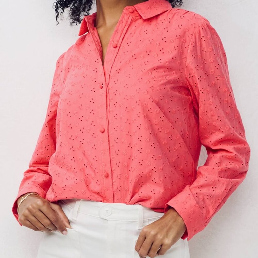Floral Eyelet Whimsical Feminine Elevated Long Sleeve Coral Button Up [size 1X]